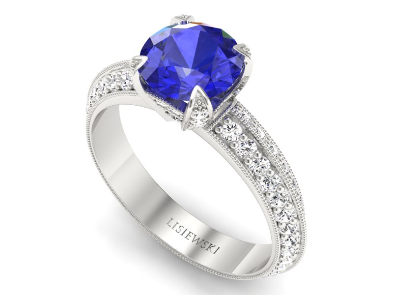 Pierścionek z szafirem i brylantami białe złoto - p16288bszc