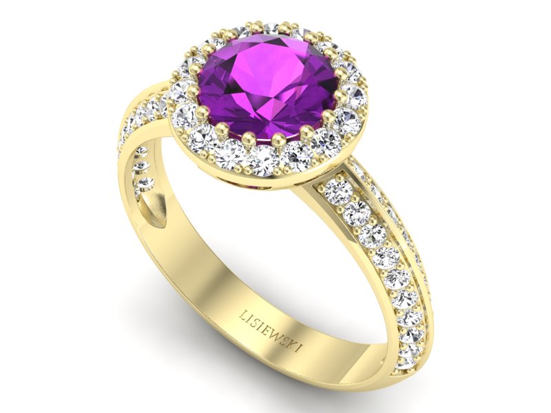 Pierścionek z ametystem i diamentami żółte złoto - p16289zat - 3