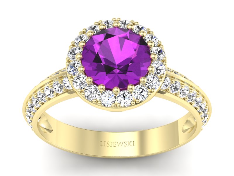 Pierścionek z ametystem i diamentami żółte złoto - p16289zat - 1