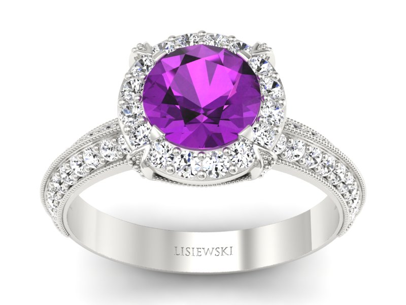 Złoty Pierścionek z ametystem i brylantami - p16290bat - 1