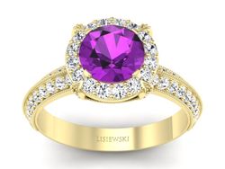 Pierścionek ametyst i brylanty żółte złoto 585 - p16290zat