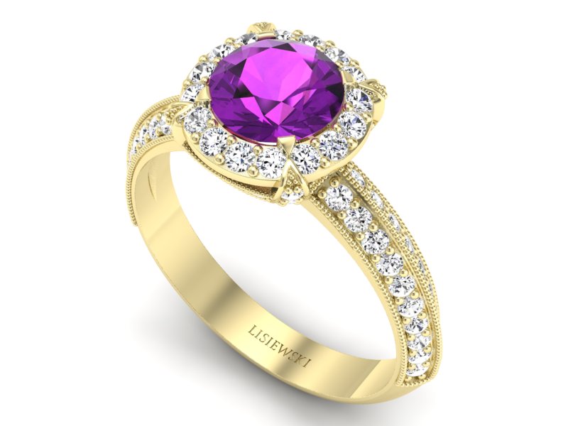 Pierścionek ametyst i brylanty żółte złoto 585 - p16290zat - 3
