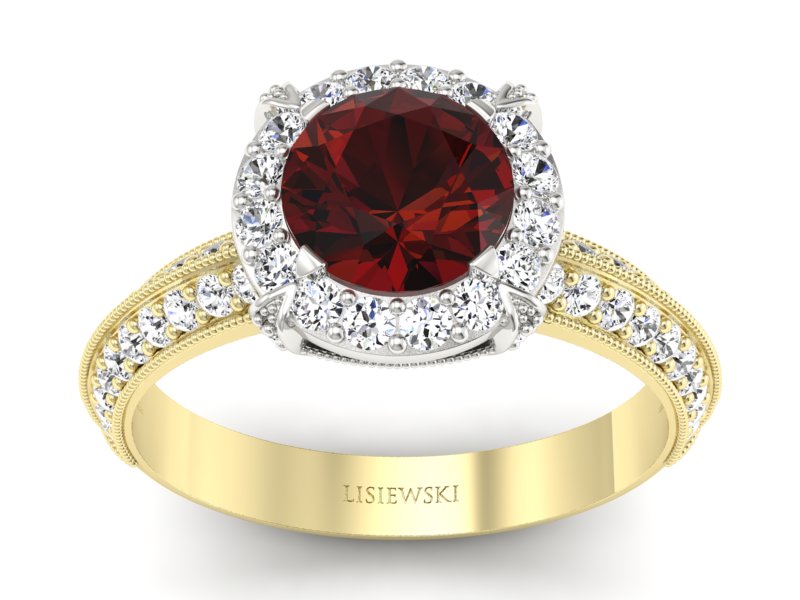 Złoty Pierścionek z granatem i diamentami - p16290zbgr - 1