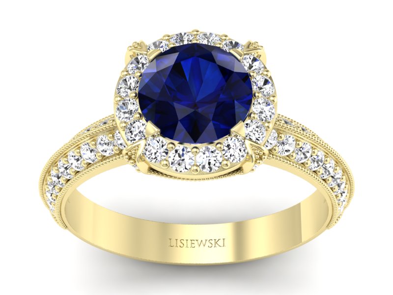 Złoty Pierścionek z szafirem i diamentami - p16290zsz - 1