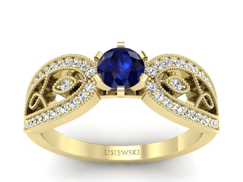 Złoty Pierścionek z szafirem i brylantami - p16315zsz - 1