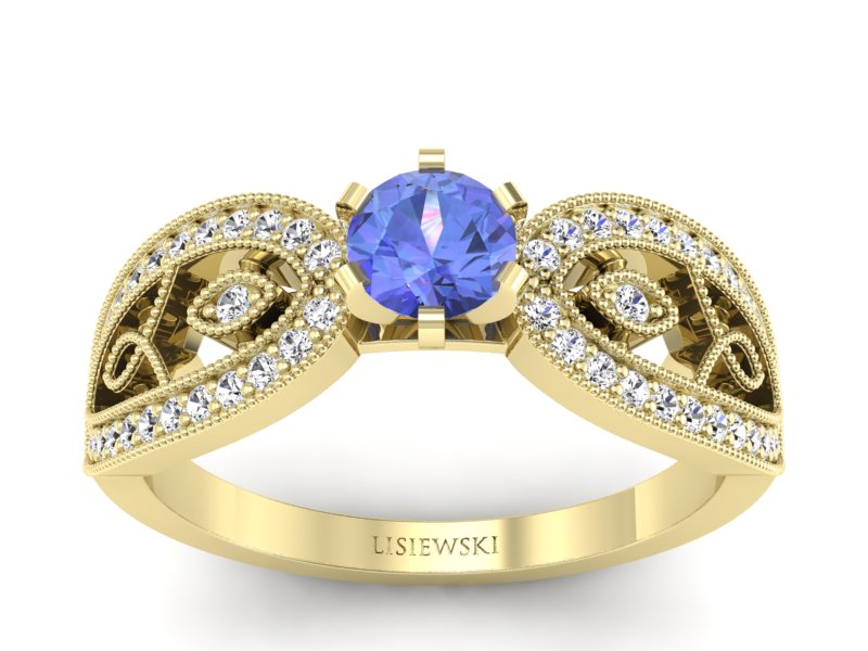 Pierścionek z tanzanitem i brylantami żółte złoto - p16315zt - 1