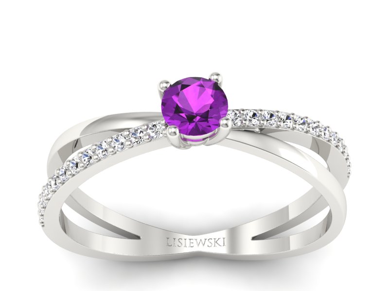 Złoty pierścionek z ametystem i brylantami - p16329bam - 1