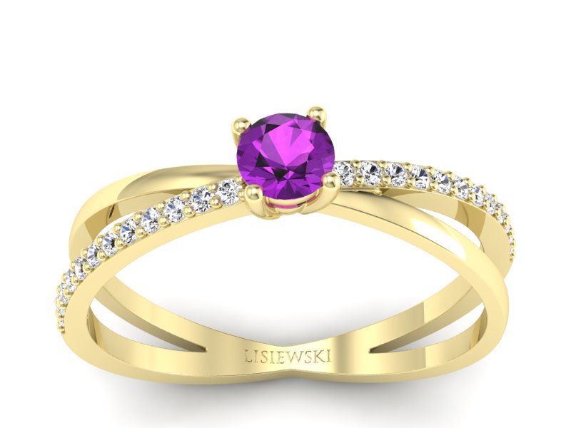 Pierścionek z ametystem i brylantami żółte złoto - p16329zat - 1