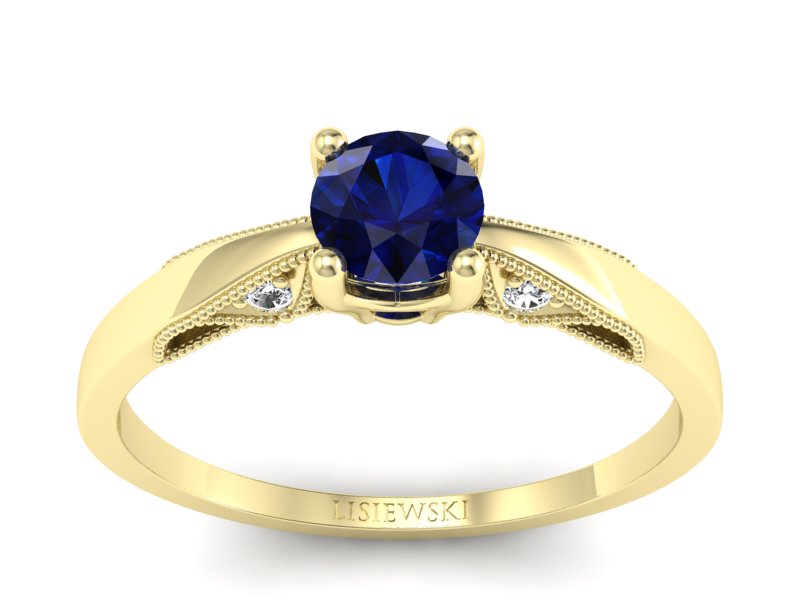 Złoty Pierścionek z szafirem i diamentami - p16435zsz - 1