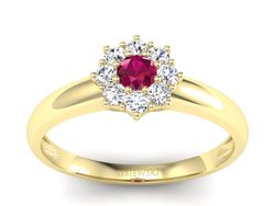 Pierścionek z rubinem i brylantami żółte złoto - p16458zr