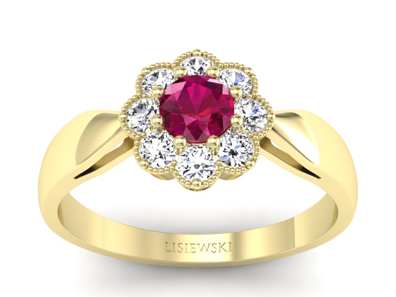 Złoty Pierścionek z rubinem i brylantami - p16478zr - 1