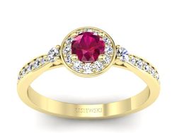 Pierścionek z rubinem i brylantami żółte złoto - p16582zr
