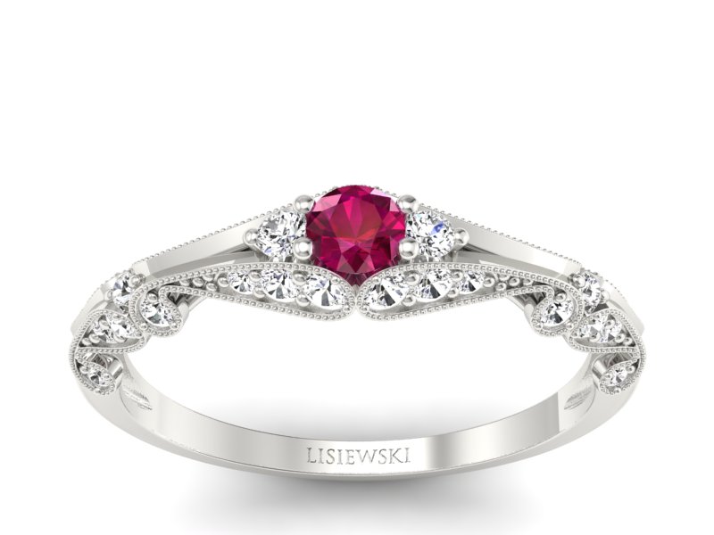 Pierścionek z rubinem i diamentami białe złoto - p16589br - 1