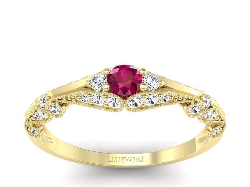 Złoty pierścionek z rubinem i diamentami - p16589zr - 1