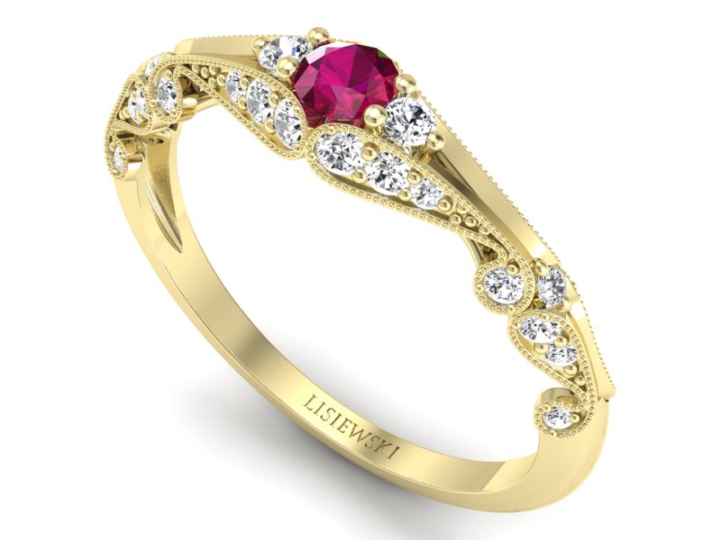 Złoty pierścionek z rubinem i diamentami - p16589zr - 3