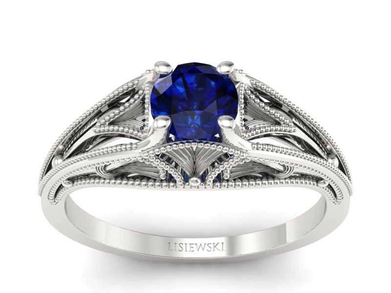 Pierścionek z szafirem w białym złocie w stylu vintage - p16667bsz - 1