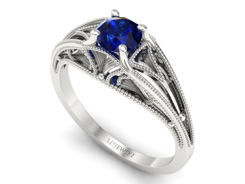 Pierścionek z szafirem w białym złocie w stylu vintage - p16667bsz - 3