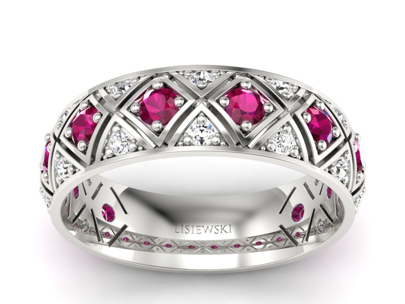 Obrączka z brylantami białe złoto i rubinami 585 - p16770br - 1