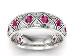 Obrączka z brylantami białe złoto i rubinami 585 - p16770br