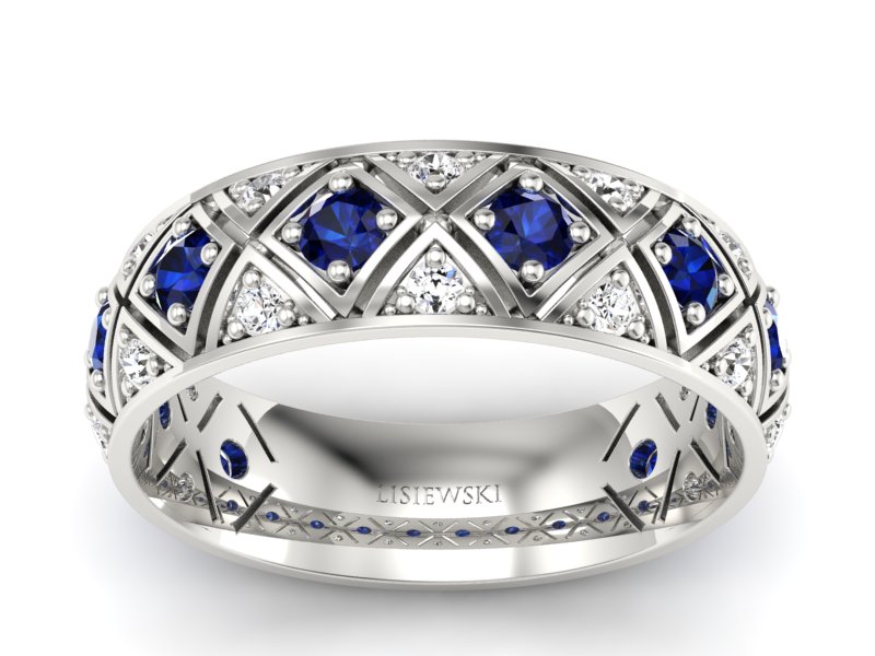 Obrączka z brylantami i szafirami białe złoto - p16770bsz - 1