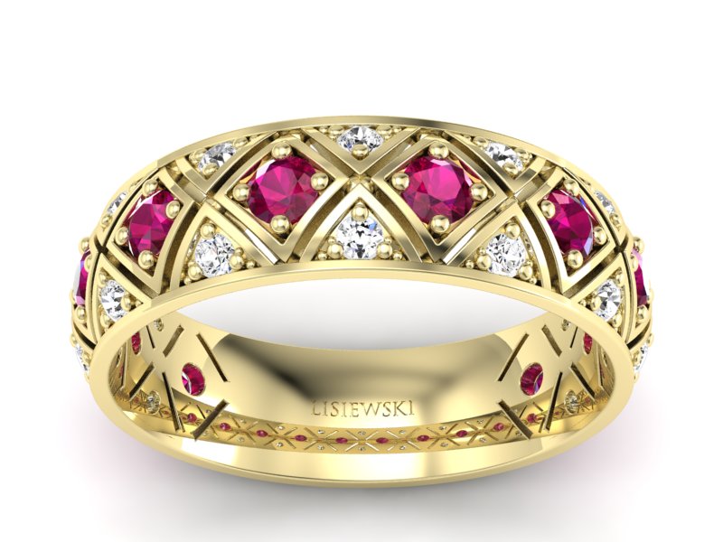 Obrączka z brylantami żółte złoto i rubinami 585 - p16770zr - 1