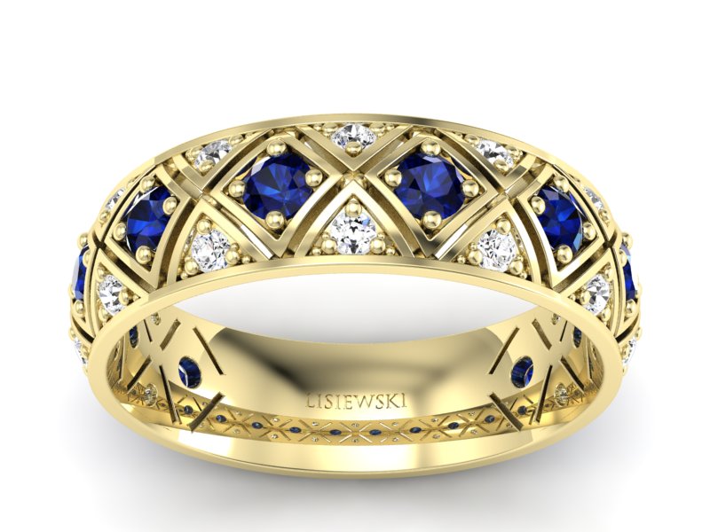 Obrączka z brylantami i szafirami żółte złoto - p16770zsz - 1