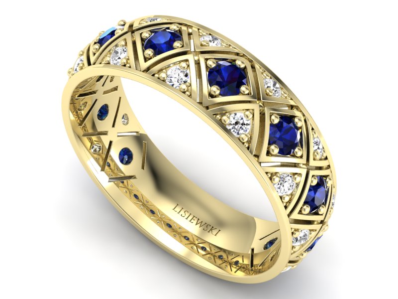 Obrączka z brylantami i szafirami żółte złoto - p16770zsz - 3