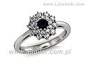 Pierścionek z białego złota z szafirem ~0,19ct i brylantami ~0,32ct Si1/H certyfikatem autentyczności, próba 585, masa ~3,4g.